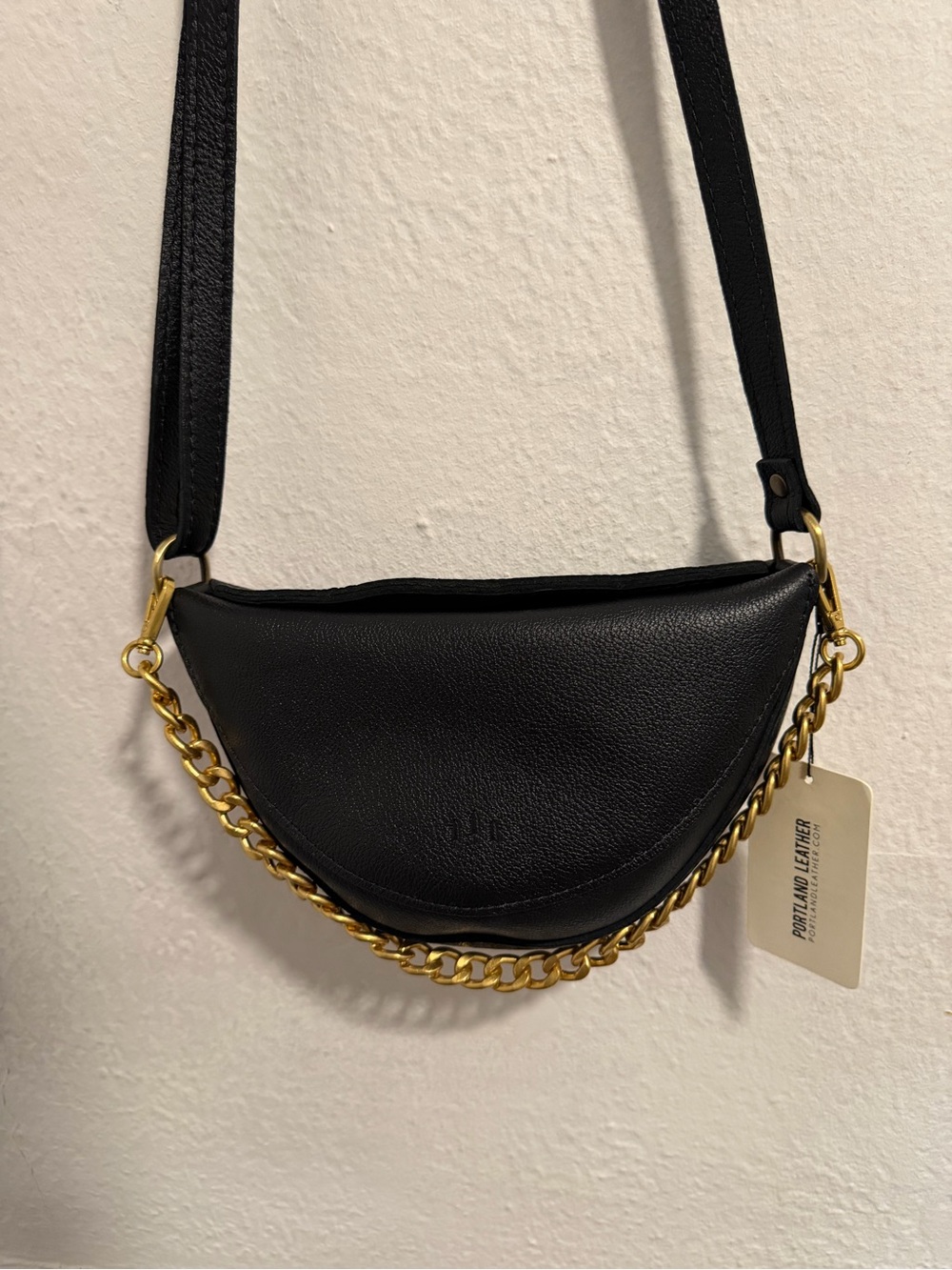 Portland Leather Black Crossbody Bag with Gold Chain Accent